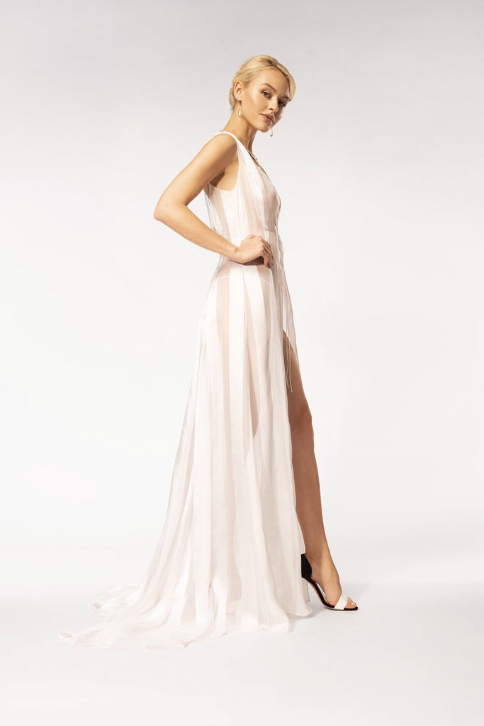 White organza stripe gown with strings