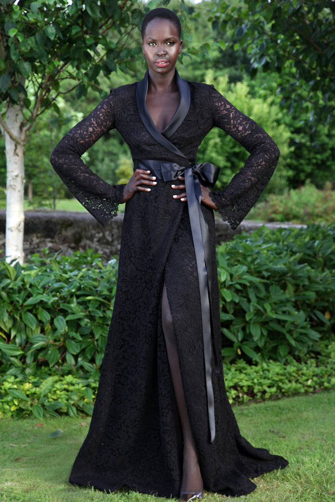Black wrap cotton lace dress